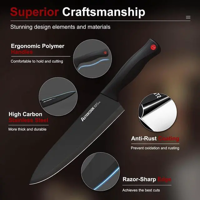 Alt view image 3 of 7 - Astercook Knife Set for Kitchen with Block and Sharpener 15pcs German | Stainless Steel Kitchen Utensils Set Dishwasher Safe