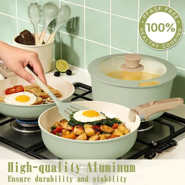 Alt view image 5 of 7 - Umite Chef Non Stick Pots and Pans Set, 21 Pcs Ceramic Kitchen Cookware Set with Detachable Handle, Nonstick Healthy Induction Cookware, Dishwasher RV Cookware Set, Oven Safe, Stackable, Sage Green