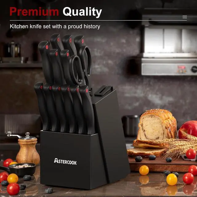 Alt view image 5 of 7 - Astercook Knife Set for Kitchen with Block and Sharpener 15pcs German | Stainless Steel Kitchen Utensils Set Dishwasher Safe