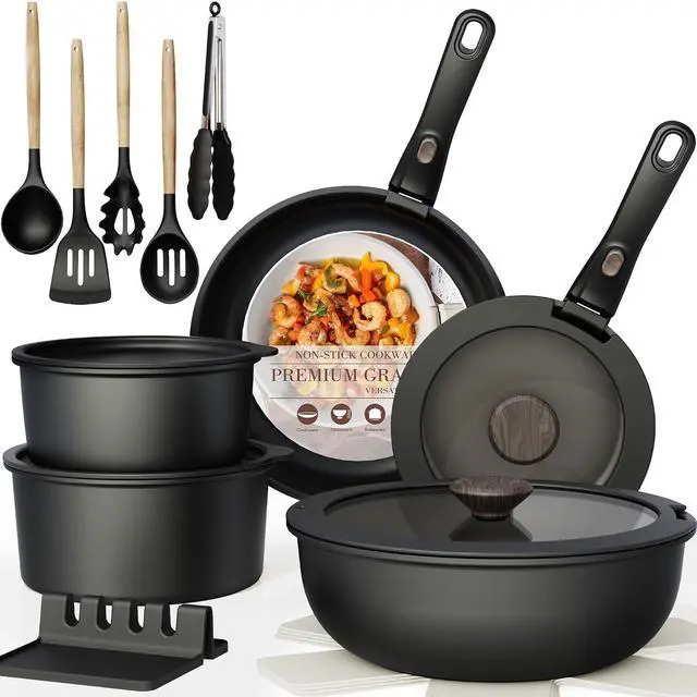 Main image of Astercook 21 Pcs Pots and Pans Set Non Stick, Ceramic Cookware Set Detachable Handle, RV Kitchen Cooking Set Removable Handles, Oven Safe, Induction Ready, Stackable, Black, Fathers Day Gift for Men