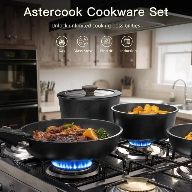 Alt view image 2 of 7 - Astercook 21 Pcs Pots and Pans Set Non Stick, Ceramic Cookware Set Detachable Handle, RV Kitchen Cooking Set Removable Handles, Oven Safe, Induction Ready, Stackable, Black, Fathers Day Gift for Men