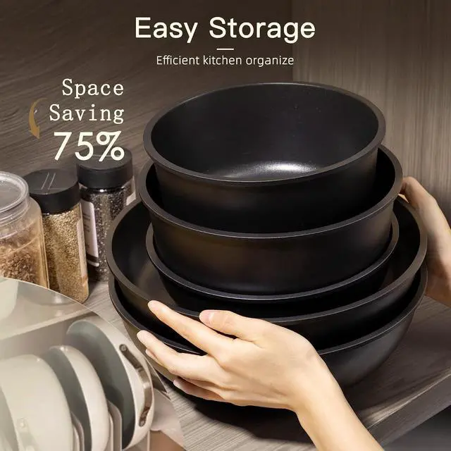Alt view image 7 of 7 - Astercook 21 Pcs Pots and Pans Set Non Stick, Ceramic Cookware Set Detachable Handle, RV Kitchen Cooking Set Removable Handles, Oven Safe, Induction Ready, Stackable, Black, Fathers Day Gift for Men