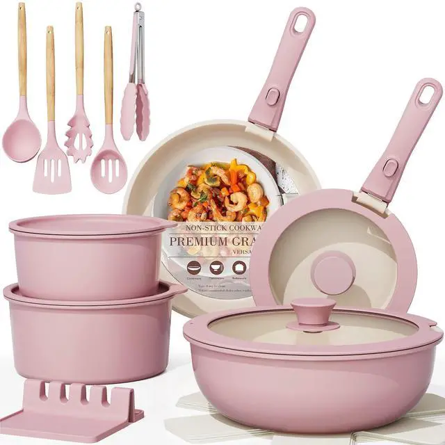 Main image of Astercook 21 Pcs Pots and Pans Set Non Stick, Ceramic Cookware Set Detachable Handle, RV Kitchen Cooking Set Removable Handles, Oven Safe, Induction Ready, Stackable, Pink, Fathers Day Gift for Men