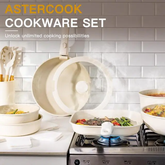 Alt view image 7 of 7 - Astercook 23 Pcs Pots and Pans Set Non Stick, Ceramic Cookware Set Detachable Handle, RV Kitchen Cooking Set Removable Handles, Oven Safe, Induction Ready, Stackable, Cream, Fathers Day Gift for Men