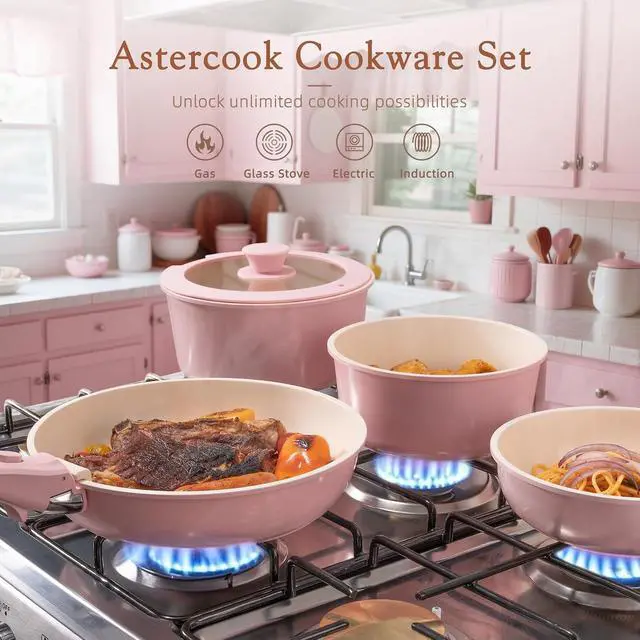 Alt view image 2 of 7 - Astercook 21 Pcs Pots and Pans Set Non Stick, Ceramic Cookware Set Detachable Handle, RV Kitchen Cooking Set Removable Handles, Oven Safe, Induction Ready, Stackable, Pink, Fathers Day Gift for Men