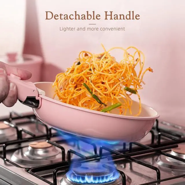 Alt view image 4 of 7 - Astercook 21 Pcs Pots and Pans Set Non Stick, Ceramic Cookware Set Detachable Handle, RV Kitchen Cooking Set Removable Handles, Oven Safe, Induction Ready, Stackable, Pink, Fathers Day Gift for Men