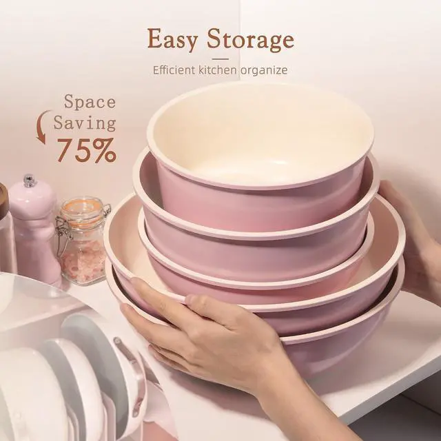 Alt view image 6 of 7 - Astercook 21 Pcs Pots and Pans Set Non Stick, Ceramic Cookware Set Detachable Handle, RV Kitchen Cooking Set Removable Handles, Oven Safe, Induction Ready, Stackable, Pink, Fathers Day Gift for Men