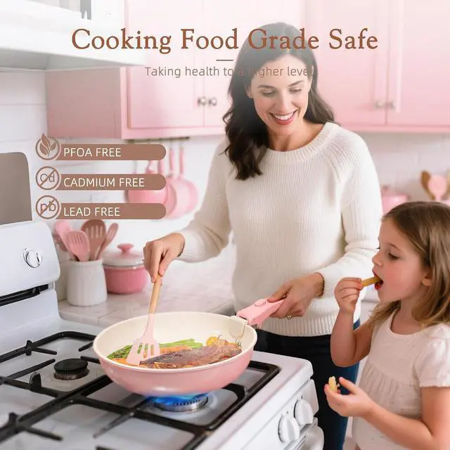 Alt view image 7 of 7 - Astercook 21 Pcs Pots and Pans Set Non Stick, Ceramic Cookware Set Detachable Handle, RV Kitchen Cooking Set Removable Handles, Oven Safe, Induction Ready, Stackable, Pink, Fathers Day Gift for Men