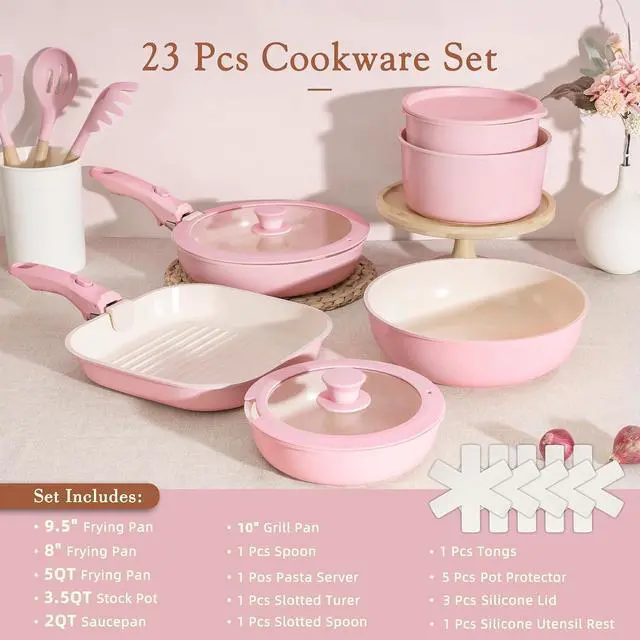 Alt view image 3 of 7 - Astercook 23 Pcs Pots and Pans Set Non Stick, Ceramic Cookware Set Detachable Handle, RV Kitchen Cooking Set Removable Handles, Oven Safe, Induction Ready, Stackable, Pink, Mothers Day Gifts