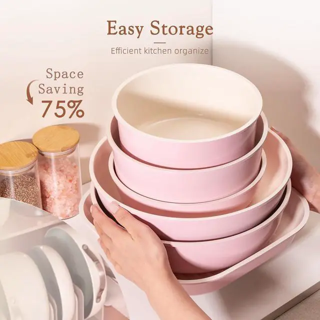 Alt view image 5 of 7 - Astercook 23 Pcs Pots and Pans Set Non Stick, Ceramic Cookware Set Detachable Handle, RV Kitchen Cooking Set Removable Handles, Oven Safe, Induction Ready, Stackable, Pink, Mothers Day Gifts