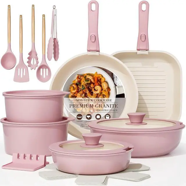 Main image of Astercook 23 Pcs Pots and Pans Set Non Stick, Ceramic Cookware Set Detachable Handle, RV Kitchen Cooking Set Removable Handles, Oven Safe, Induction Ready, Stackable, Pink, Mothers Day Gifts