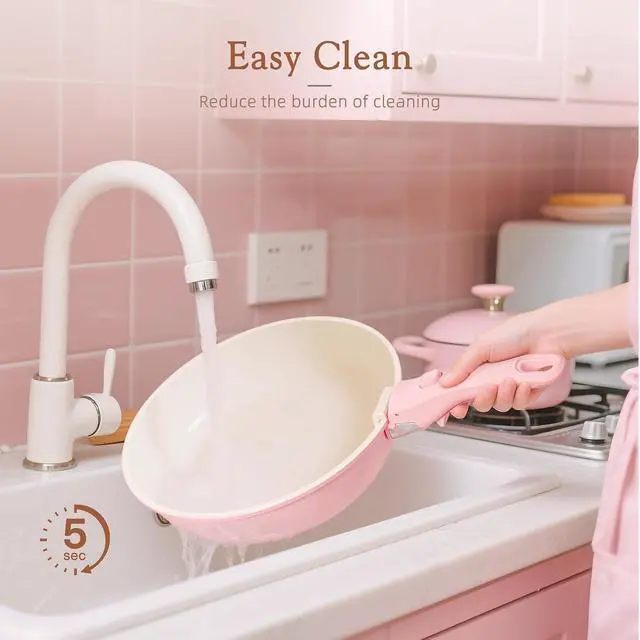 Alt view image 7 of 7 - Astercook 23 Pcs Pots and Pans Set Non Stick, Ceramic Cookware Set Detachable Handle, RV Kitchen Cooking Set Removable Handles, Oven Safe, Induction Ready, Stackable, Pink, Mothers Day Gifts
