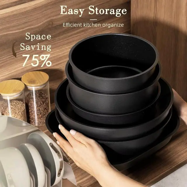 Alt view image 4 of 7 - Astercook 23 Pcs Pots and Pans Set Non Stick, Ceramic Cookware Set Detachable Handle, RV Kitchen Cooking Set Removable Handles, Oven Safe, Induction Ready, Stackable, Black, Mothers Day Gifts