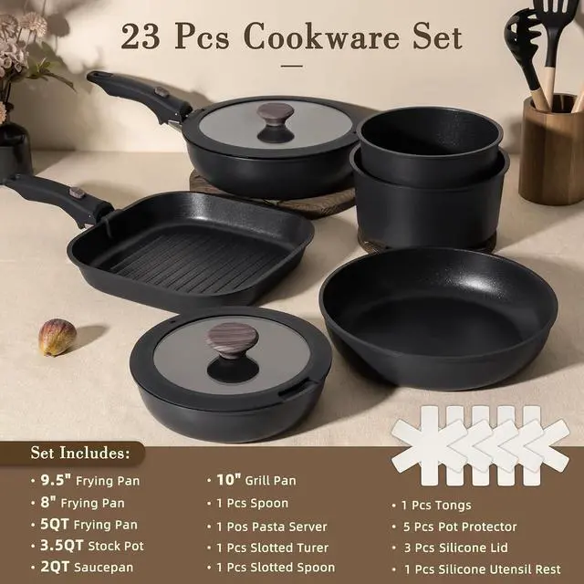 Alt view image 7 of 7 - Astercook 23 Pcs Pots and Pans Set Non Stick, Ceramic Cookware Set Detachable Handle, RV Kitchen Cooking Set Removable Handles, Oven Safe, Induction Ready, Stackable, Black, Mothers Day Gifts