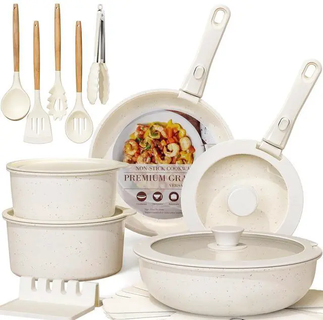 Main image of Astercook 21 Pcs Pots and Pans Set Non Stick, Ceramic Cookware Set Detachable Handle, RV Kitchen Cooking Set Removable Handles, Oven Safe, Induction Ready, Stackable, Cream, Fathers Day Gift for Men