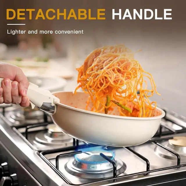 Alt view image 2 of 7 - Astercook 23 Pcs Pots and Pans Set Non Stick, Ceramic Cookware Set Detachable Handle, RV Kitchen Cooking Set Removable Handles, Oven Safe, Induction Ready, Stackable, Cream, Fathers Day Gift for Men