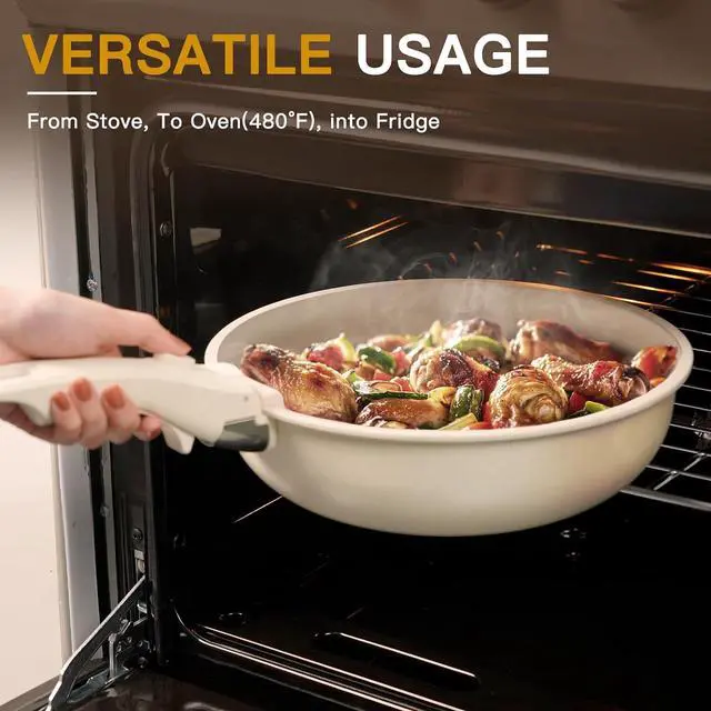 Alt view image 4 of 7 - Astercook 21 Pcs Pots and Pans Set Non Stick, Ceramic Cookware Set Detachable Handle, RV Kitchen Cooking Set Removable Handles, Oven Safe, Induction Ready, Stackable, Cream, Fathers Day Gift for Men