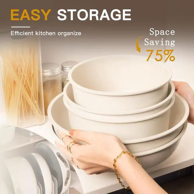 Alt view image 7 of 7 - Astercook 21 Pcs Pots and Pans Set Non Stick, Ceramic Cookware Set Detachable Handle, RV Kitchen Cooking Set Removable Handles, Oven Safe, Induction Ready, Stackable, Cream, Fathers Day Gift for Men