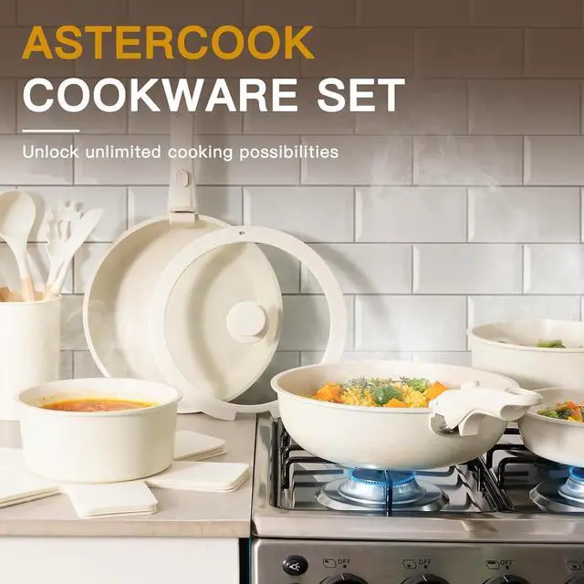 Alt view image 5 of 7 - Astercook 21 Pcs Pots and Pans Set Non Stick, Ceramic Cookware Set Detachable Handle, RV Kitchen Cooking Set Removable Handles, Oven Safe, Induction Ready, Stackable, Cream, Fathers Day Gift for Men