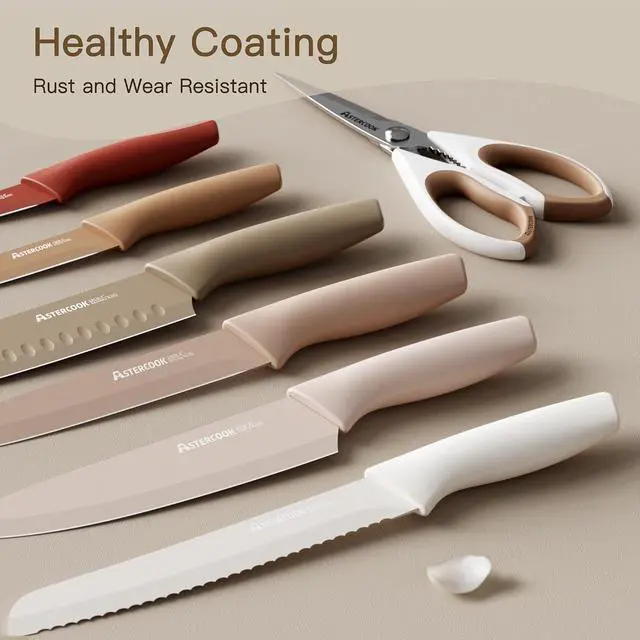 Alt view image 2 of 7 - Astercook Knife Set, 13 Pieces Kitchen Knives Set with Healthy Anti-Rust Coating, Dishwasher Safe, Stainless Steel Chef Knife Sets with 6 Blade Guards, Fathers Day Gift for Men