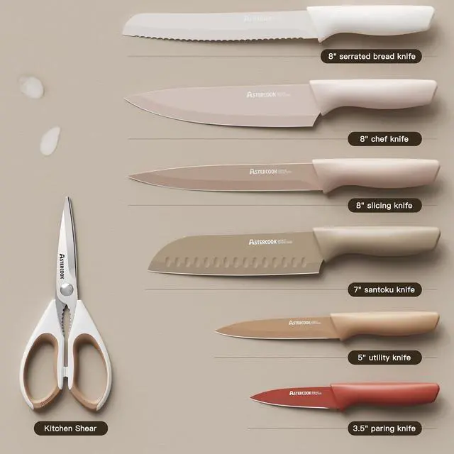 Alt view image 5 of 7 - Astercook Knife Set, 13 Pieces Kitchen Knives Set with Healthy Anti-Rust Coating, Dishwasher Safe, Stainless Steel Chef Knife Sets with 6 Blade Guards, Fathers Day Gift for Men