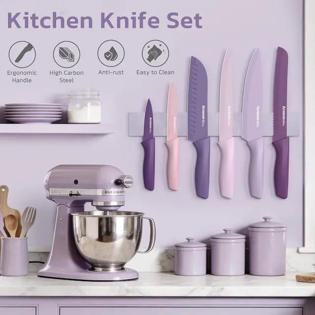 Alt view image 4 of 7 - Astercook Knife Set, 13 Pieces Kitchen Knives Set with Healthy Anti-Rust Coating, Dishwasher Safe, Stainless Steel Chef Knife Sets with 6 Blade Guards, Fathers Day Gift for Men