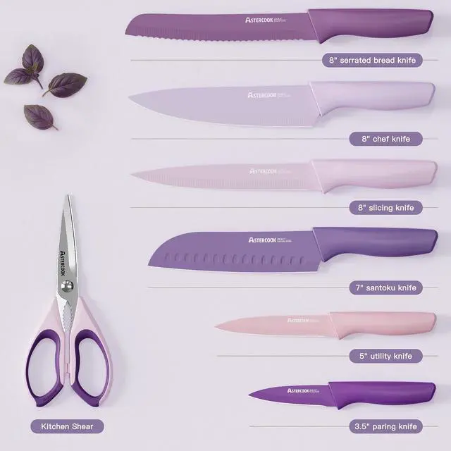 Alt view image 6 of 7 - Astercook Knife Set, 13 Pieces Kitchen Knives Set with Healthy Anti-Rust Coating, Dishwasher Safe, Stainless Steel Chef Knife Sets with 6 Blade Guards, Fathers Day Gift for Men