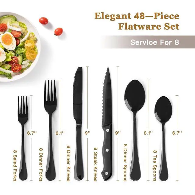 Alt view image 2 of 7 - Astercook Silverware Set 48-Piece Black Flatware Set with Steak Knives Food-Grade Stainless Steel Cutlery Set for 8 Mirror Polished Utensils Set Include Spoons and Forks for Home Kitchen Restaurant