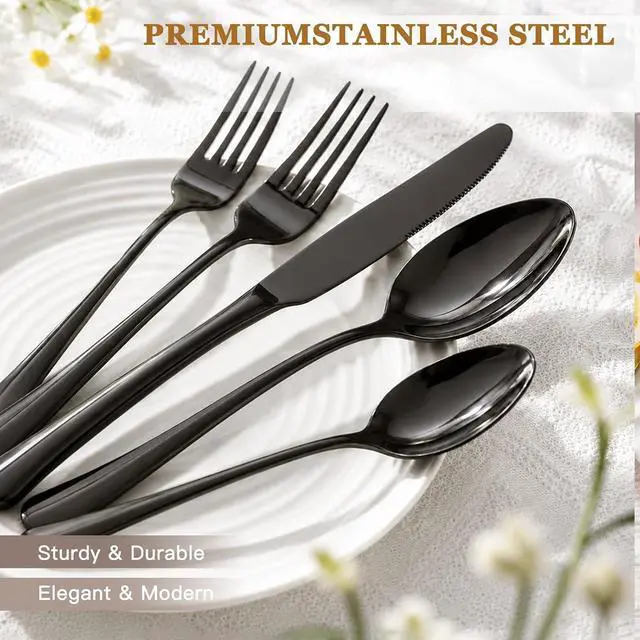 Alt view image 3 of 7 - Astercook Silverware Set 48-Piece Black Flatware Set with Steak Knives Food-Grade Stainless Steel Cutlery Set for 8 Mirror Polished Utensils Set Include Spoons and Forks for Home Kitchen Restaurant