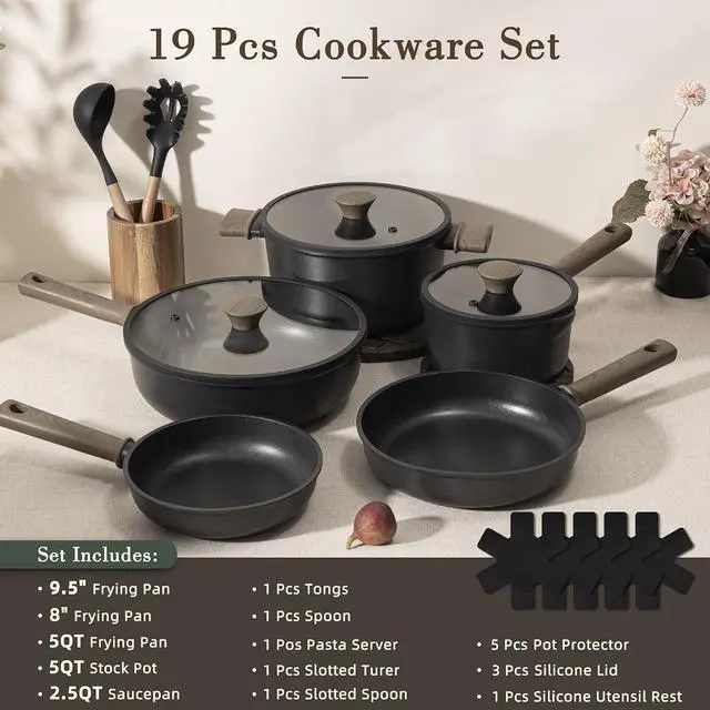Alt view image 2 of 7 - Astercook 19 Pcs Pots and Pans Set Non Stick, Black Titanium Induction Kitchen Cookware Sets, Non toxic Healthy Kitchen Cooking Set with Frying Pans Set, PTFE PFOA PFOS Free, Fathers Day Gift for Men