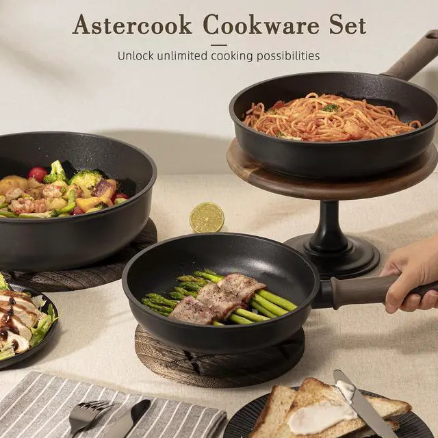 Alt view image 6 of 7 - Astercook 19 Pcs Pots and Pans Set Non Stick, Black Titanium Induction Kitchen Cookware Sets, Non toxic Healthy Kitchen Cooking Set with Frying Pans Set, PTFE PFOA PFOS Free, Fathers Day Gift for Men