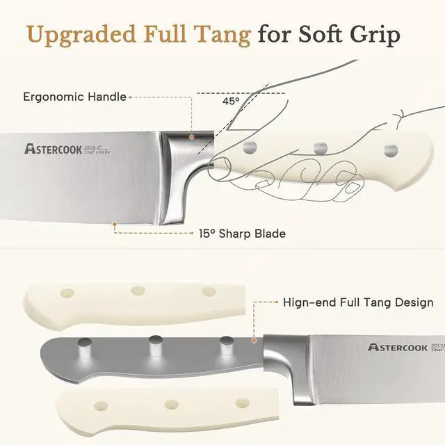 Alt view image 2 of 7 - Knife Set,Astercook Kitchen Knife Set with Block 22-Piece Full Tang Stainless Steel Knives with Sharpener Dishwasher Safe and Anti-Slip Ergonomic Handle Elegant Cream White Utensils Set