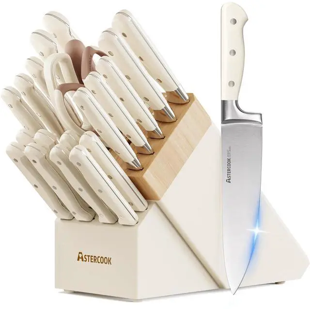 Main image of Knife Set,Astercook Kitchen Knife Set with Block 22-Piece Full Tang Stainless Steel Knives with Sharpener Dishwasher Safe and Anti-Slip Ergonomic Handle Elegant Cream White Utensils Set