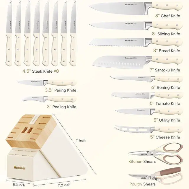 Alt view image 5 of 7 - Knife Set,Astercook Kitchen Knife Set with Block 22-Piece Full Tang Stainless Steel Knives with Sharpener Dishwasher Safe and Anti-Slip Ergonomic Handle Elegant Cream White Utensils Set