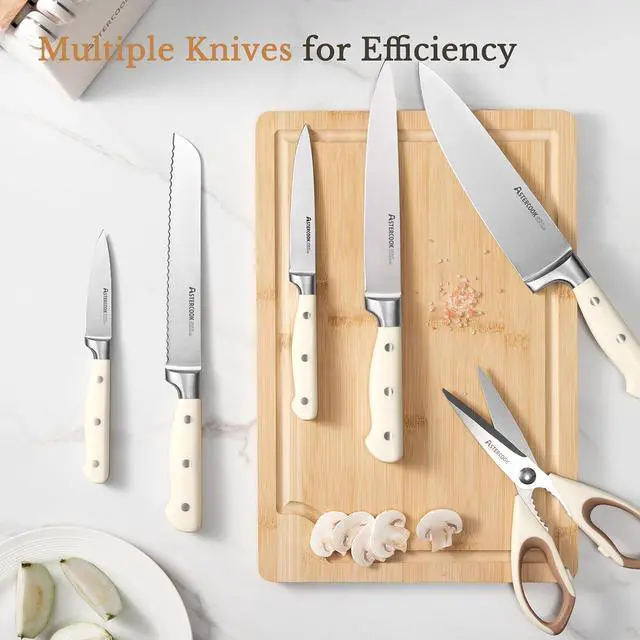 Alt view image 7 of 7 - Knife Set,Astercook Kitchen Knife Set with Block 22-Piece Full Tang Stainless Steel Knives with Sharpener Dishwasher Safe and Anti-Slip Ergonomic Handle Elegant Cream White Utensils Set