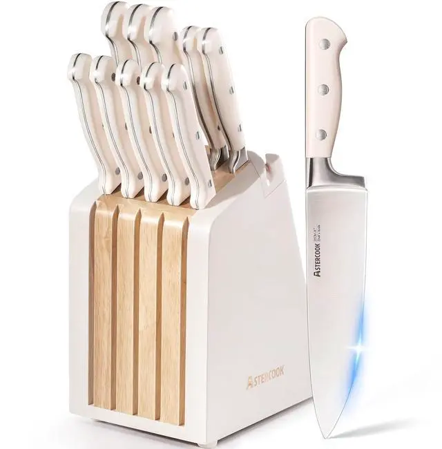Main image of Astercook Knife Set, Kitchen Knife Set with Block and Sharpener, 12 Pcs Ultra-Sharp High Carbon Stainless Steel Knife Block Set with Non-Slip Full Tang Ergonomic Handle, Cream White Cutlery Set