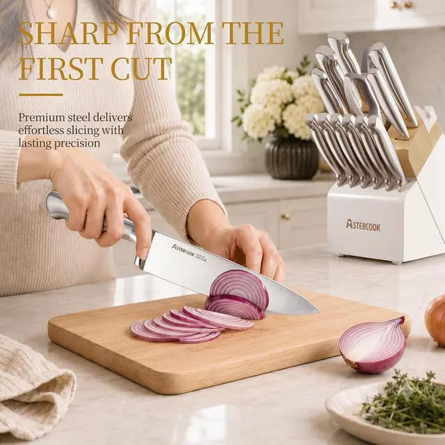Alt view image 2 of 7 - Astercook Knife Set for Kitchen with Block Sharpener 14Pcs Dishwasher Safe | Full Tang Stainless Steel Knives and Anti-Slip Ergonomic Handle Utensils Set