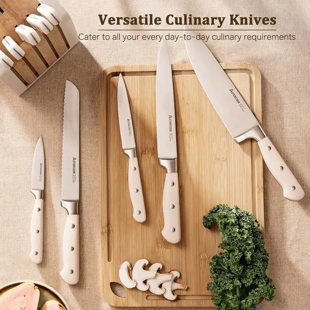 Alt view image 7 of 7 - Astercook Knife Set, Kitchen Knife Set with Block and Sharpener, 12 Pcs Ultra-Sharp High Carbon Stainless Steel Knife Block Set with Non-Slip Full Tang Ergonomic Handle, Cream White Cutlery Set
