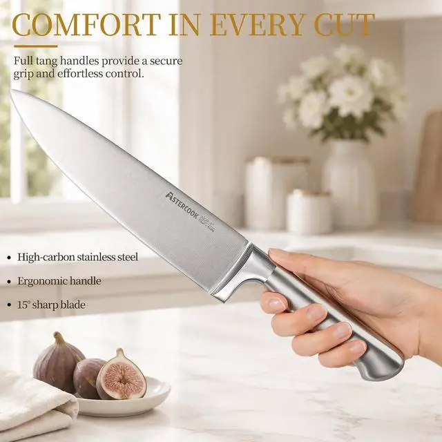Alt view image 4 of 7 - Astercook Knife Set for Kitchen with Block Sharpener 14Pcs Dishwasher Safe | Full Tang Stainless Steel Knives and Anti-Slip Ergonomic Handle Utensils Set