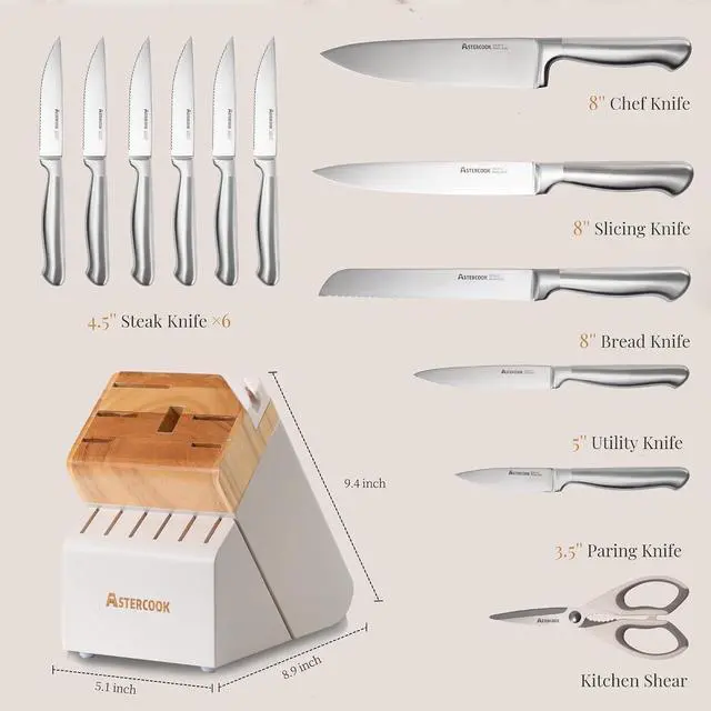 Alt view image 7 of 7 - Astercook Knife Set for Kitchen with Block Sharpener 14Pcs Dishwasher Safe | Full Tang Stainless Steel Knives and Anti-Slip Ergonomic Handle Utensils Set