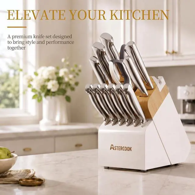 Alt view image 6 of 7 - Astercook Knife Set for Kitchen with Block Sharpener 14Pcs Dishwasher Safe | Full Tang Stainless Steel Knives and Anti-Slip Ergonomic Handle Utensils Set