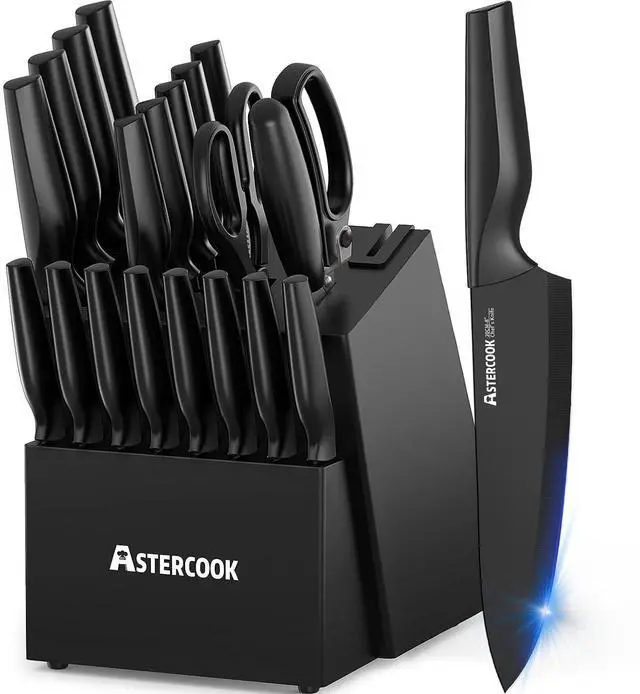 Main image of Knife Set, Astercook 21 Pieces Knife Sets for Kitchen with Block, Dishwasher Safe Kitchen Knife Set with Built-in Sharpener, German Stainless Steel Black Knife Block Set, Fathers Day Gift for Men