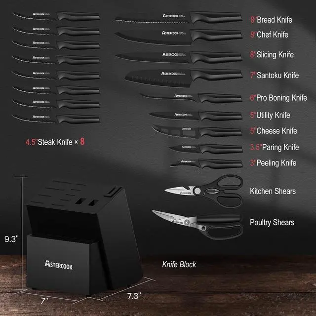 Alt view image 2 of 7 - Knife Set, Astercook 21 Pieces Knife Sets for Kitchen with Block and 24-Piece Black Silverware Set with Steak Knives