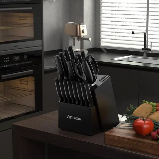 Alt view image 4 of 7 - Knife Set, Astercook 21 Pieces Knife Sets for Kitchen with Block and 24-Piece Black Silverware Set with Steak Knives
