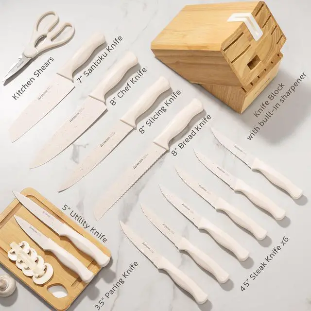 Alt view image 3 of 7 - Astercook Knife Set, 15 Pieces Kitchen Knife Set with Sharpener Block, German Stainless Steel Knives with Anti-Rust Coating, Dishwasher Safe, Elegant Cream White Design, Perfect for Holiday Gifts