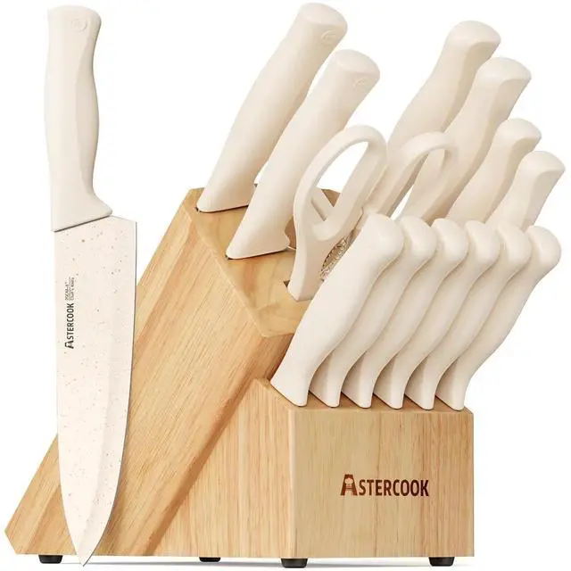 Main image of Astercook Knife Set, 15 Pieces Kitchen Knife Set with Sharpener Block, German Stainless Steel Knives with Anti-Rust Coating, Dishwasher Safe, Elegant Cream White Design, Perfect for Holiday Gifts
