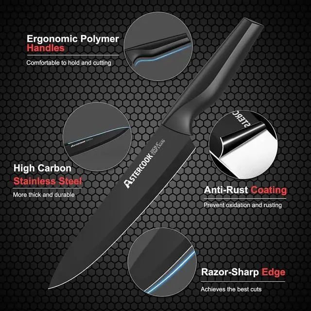 Alt view image 3 of 7 - Knife Set, Astercook 21 Pieces Knife Sets for Kitchen with Block and 24-Piece Black Silverware Set with Steak Knives