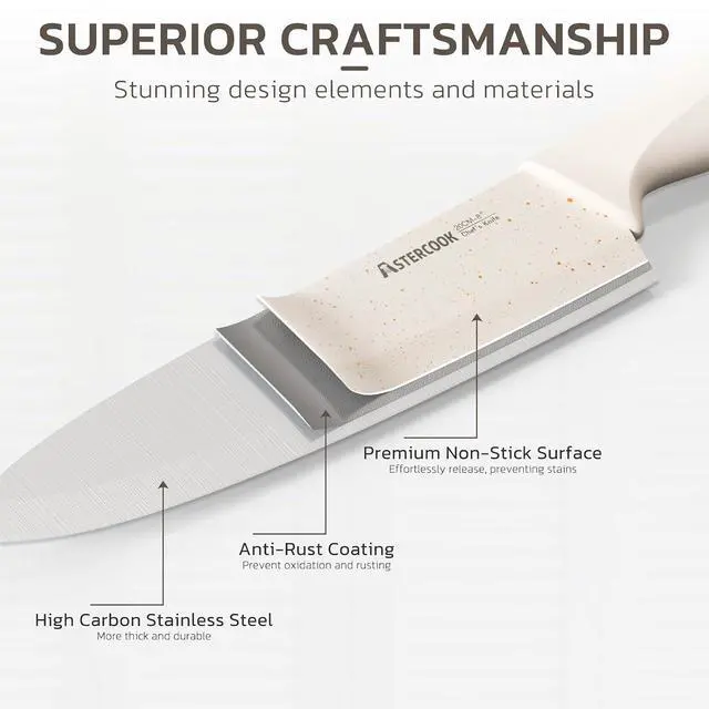 Alt view image 6 of 7 - Astercook Knife Set, 15 Pieces Kitchen Knife Set with Sharpener Block, German Stainless Steel Knives with Anti-Rust Coating, Dishwasher Safe, Elegant Cream White Design, Perfect for Holiday Gifts