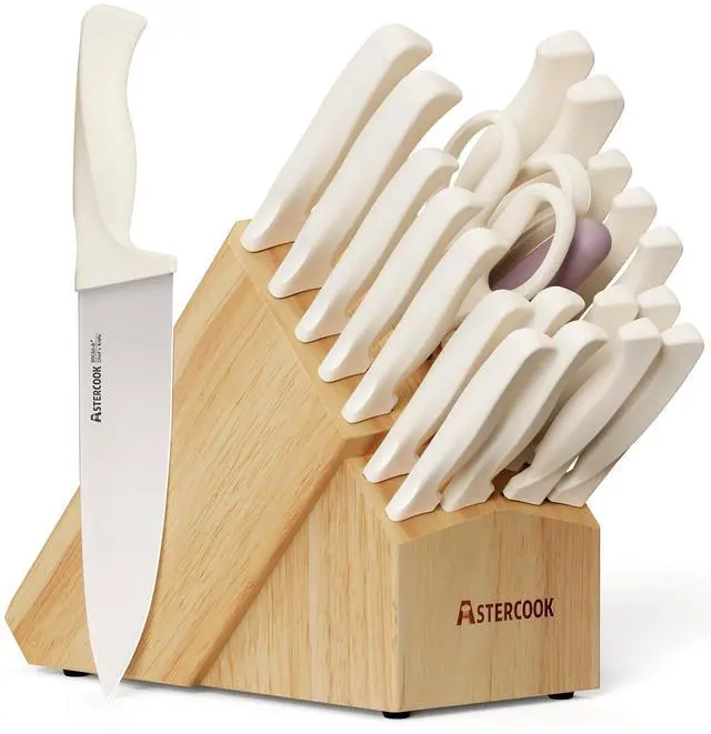 Main image of Knife Set, Astercook 22-Piece Kitchen Knife Set with Sharpener Block, High Carbon Stainless Steel Knives, Dishwasher Safe, Non-Slip Handle, Elegant Cream White Design, Perfect Holiday Gifts