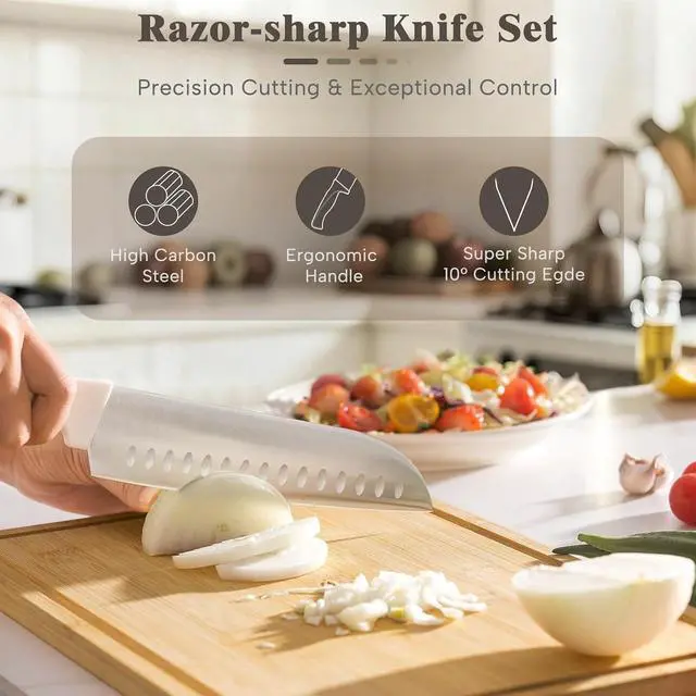 Alt view image 4 of 7 - Knife Set, Astercook 22-Piece Kitchen Knife Set with Sharpener Block, High Carbon Stainless Steel Knives, Dishwasher Safe, Non-Slip Handle, Elegant Cream White Design, Perfect Holiday Gifts